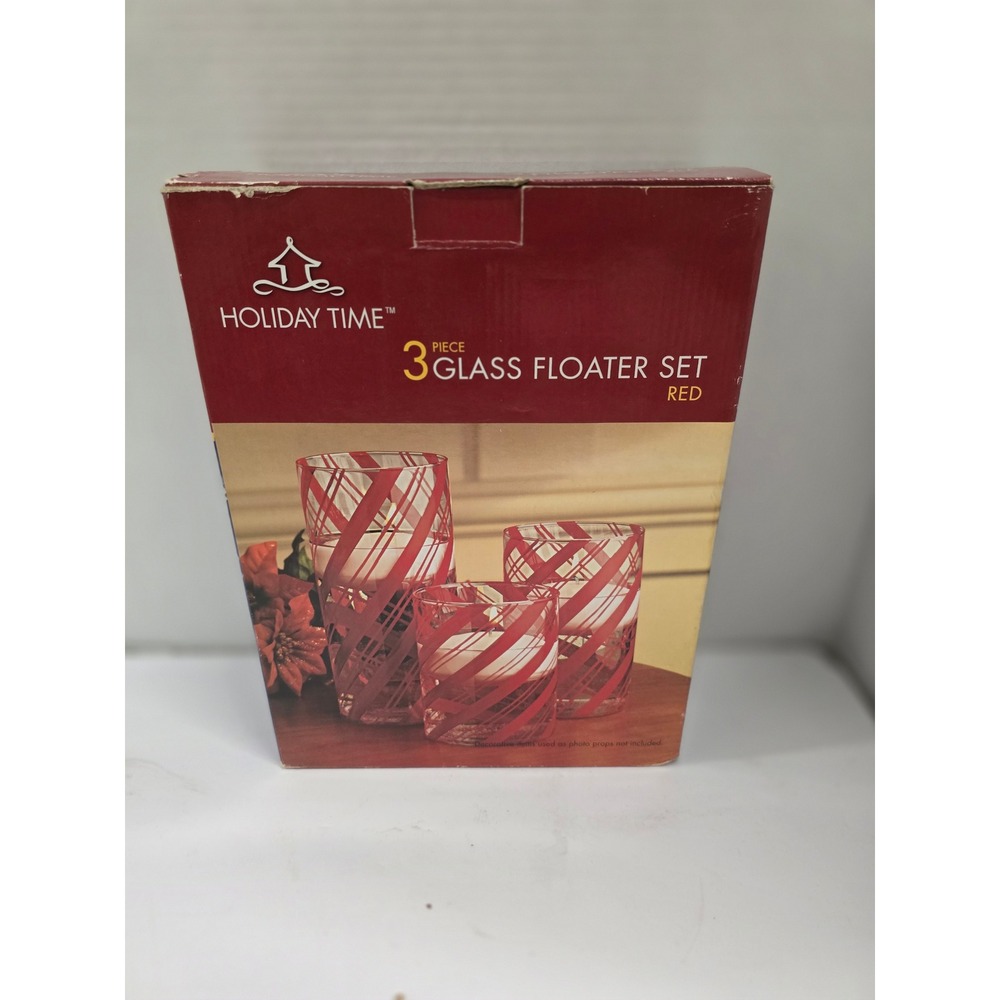 Holiday Time 3 Piece Glass Floater Set Red Stripe Vintage Christmas Hurricane